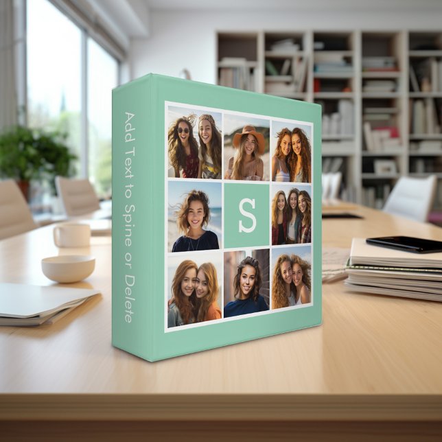 Photo Collage Custom Monogram Mint Green Binder (Personalized Photo Binder with a Photo Collage and Custom Text)