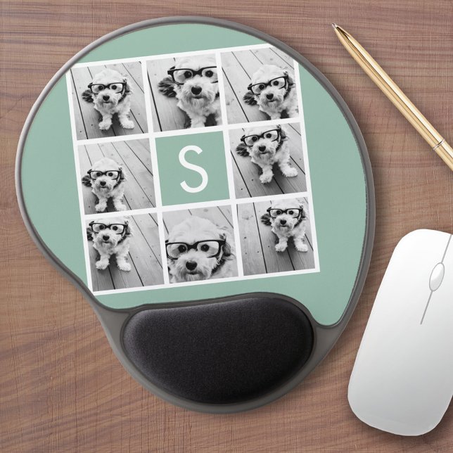 Photo Collage Custom Monogram Mint Green Gel Mouse Pad (Custom mouse pad with photos and text)