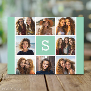 Photo Collage Custom Monogram Mint Green Postcard