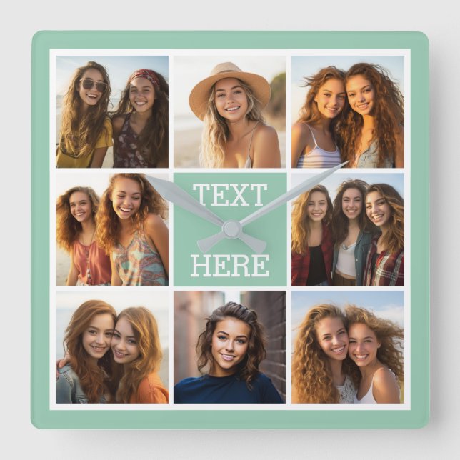 Photo Collage Custom Monogram Mint Green Square Wall Clock (Front)
