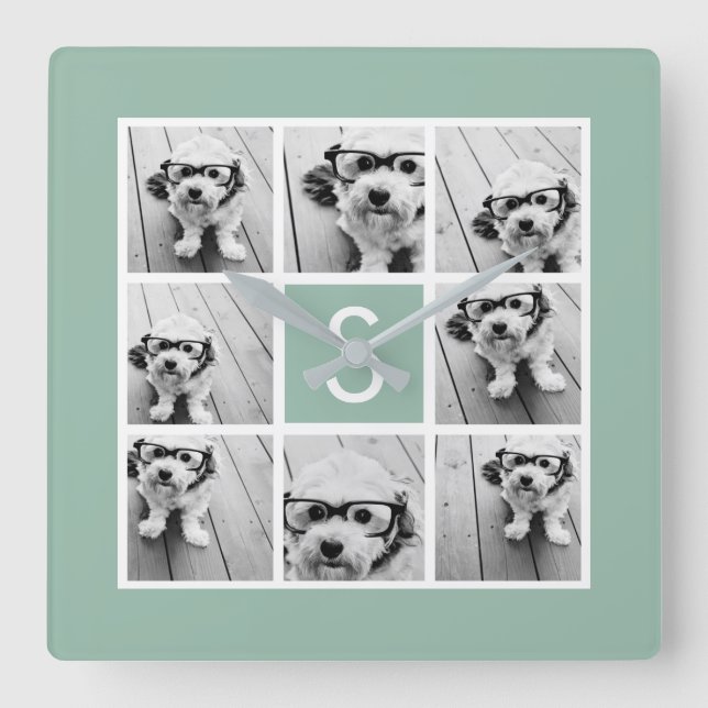 Photo Collage Custom Monogram Mint Green Square Wall Clock (Front)