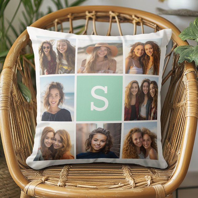 Photo Collage Custom Monogram Mint Green Throw Pillow (Custom Photo Collage Pillow)
