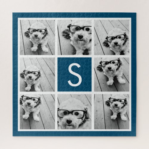 Photo Collage Custom Monogram Navy Blue Jigsaw Puzzle