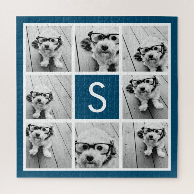 Photo Collage Custom Monogram Navy Blue Jigsaw Puzzle (Vertical)