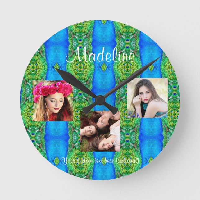 Photo Collage custom text template peacock theme   Round Clock (Front)