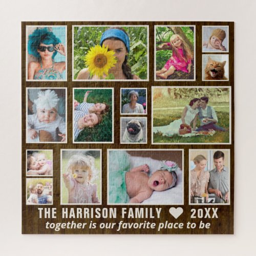 Photo Collage Dk Rustic Wood Custom Family Square Jigsaw Puzzle
