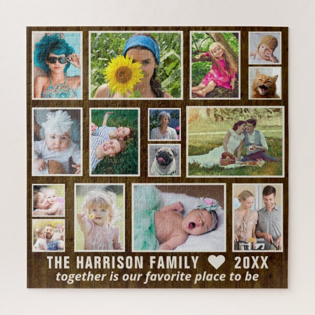 Photo Collage Dk Rustic Wood Custom Family Square Jigsaw Puzzle (Vertical)