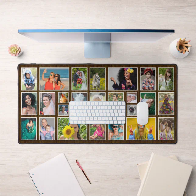 Rustic Photo Mat Photo Collage Dk Rustic Wood Personalized 25 Pic Desk Mat | Zazzle