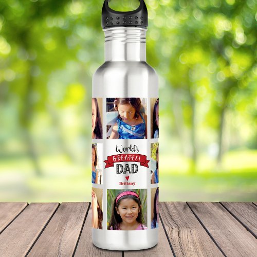 Photo Collage DYI Worldâs Greatest Dad Red Banner Stainless Steel Water Bottle
