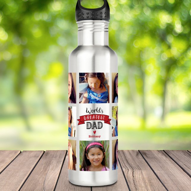 Photo Collage DYI World’s Greatest Dad Red Banner Stainless Steel Water Bottle (Creator Uploaded)