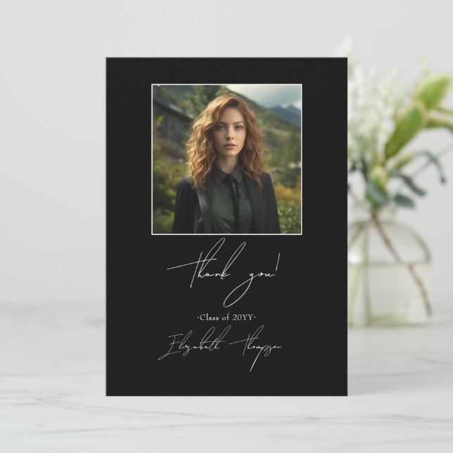 Photo Collage Elegant Black and White Graduation Thank You Card (Standing Front)