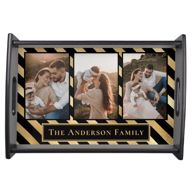 Photo Collage Elegant Black Gold Striped Family Serving Tray (Front)