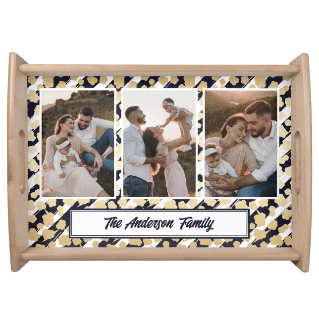Photo Collage Elegant Blue Christmas Holiday Serving Tray (Front)