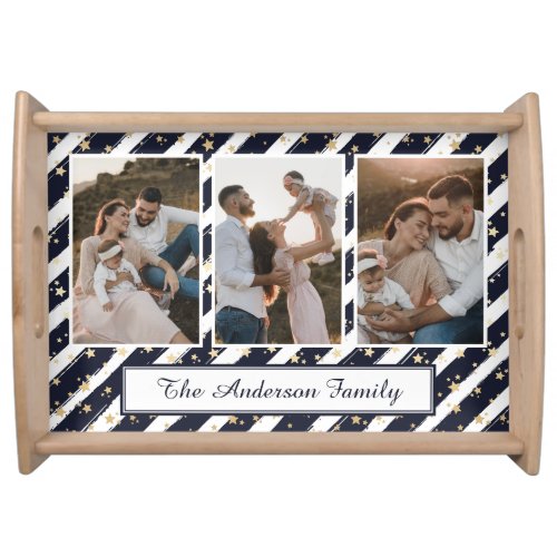 Photo Collage Elegant Blue Christmas Holiday Serving Tray