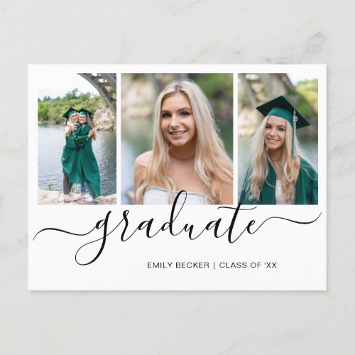 Photo Collage Elegant Script Girl Graduation Announcement Postcard