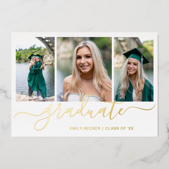 Photo Collage Elegant Script Graduation Party Gold Foil Invitation (Front)