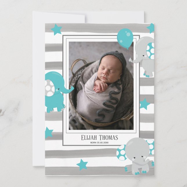 Photo Collage Elephant Gray Watercolor Stripe Baby Announcement (Front)