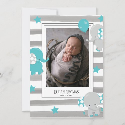 Photo Collage Elephant Gray Watercolor Stripe Baby Announcement