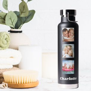 Photo collage family friends name black water bottle