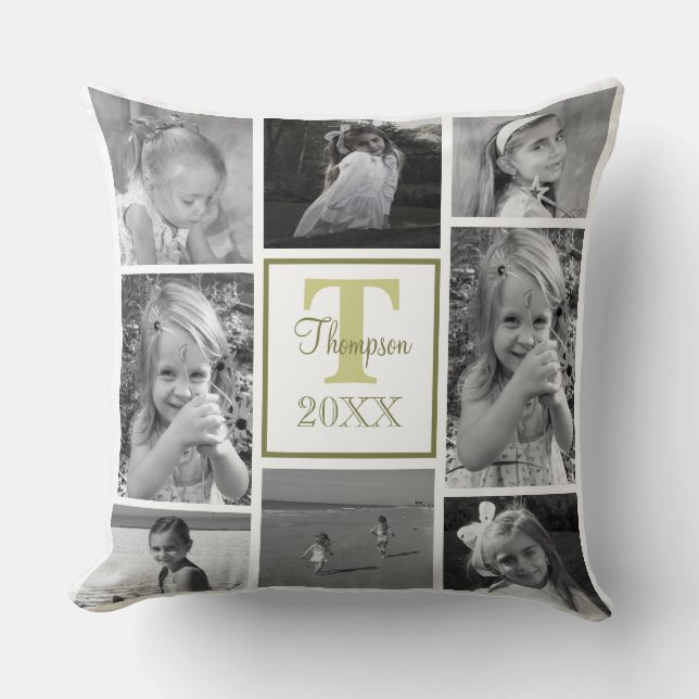 Photo Collage Family Monogram Modern Trendy Throw Pillow (Front)