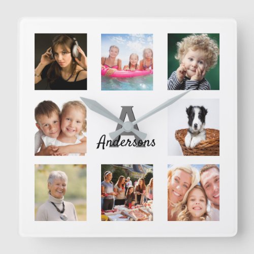 Photo collage family monogram name square wall clock