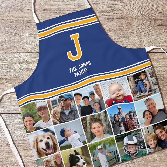 Photo Collage Family Monogram Navy Yellow Apron (Creator Uploaded)