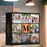 Photo collage family monogram wedding album<br><div class="desc">Stylish modern luxury monogrammed initial and signature script family name personalized wedding memories or planning album binder featuring a faux metallic gold copper square with initial letter,  8 custom photos,  wedding rings,  and your text over a black leather like (PRINTED TEXTURE) background.</div>