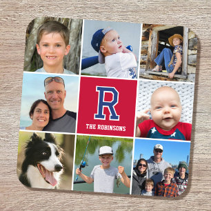 Photo Collage Family Monogrammed Crimson Navy Beverage Coaster