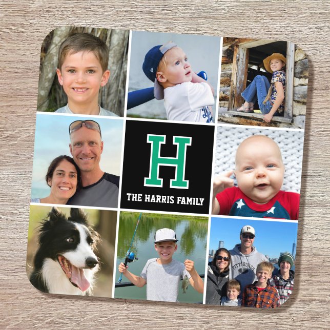 Photo Collage Family Monogrammed Green Black Beverage Coaster (Creator Uploaded)