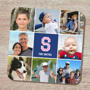 Photo Collage Family Monogrammed Navy Blue Pink Beverage Coaster
