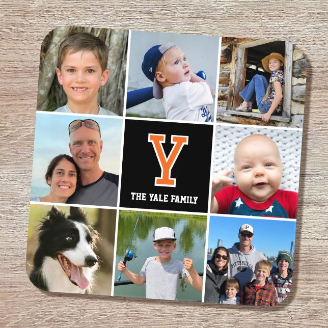 Photo Collage Family Monogrammed Orange Black Beverage Coaster (Creator Uploaded)