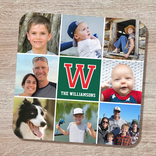 Photo Collage Family Monogrammed Red Green Beverage Coaster (Creator Uploaded)