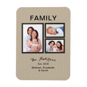 Photo Collage Family Name Modern Sand Beige Magnet