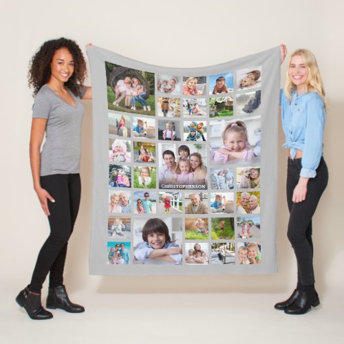 Photo Collage Family Name or Title Gray Fleece Blanket