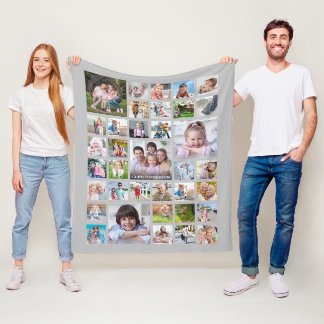 Photo Collage Family Name or Title Gray Fleece Blanket (In Situ)