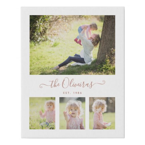 Photo Collage Family Name Simple Modern Script Faux Canvas Print