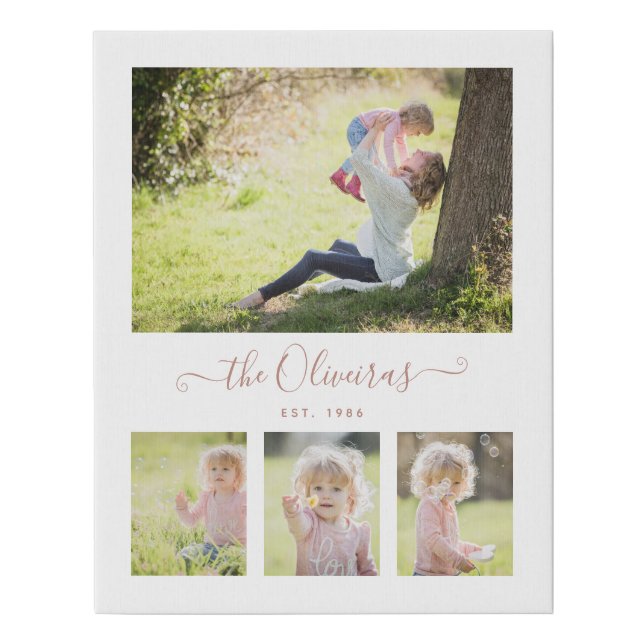 Photo Collage Family Name Simple Modern Script Faux Canvas Print (Front)