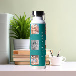 Photo collage family name teal water bottle<br><div class="desc">Personalize and add 9 photos of family,  friends,  pets.  Add your first name and family name white letters. A teal,  green background</div>
