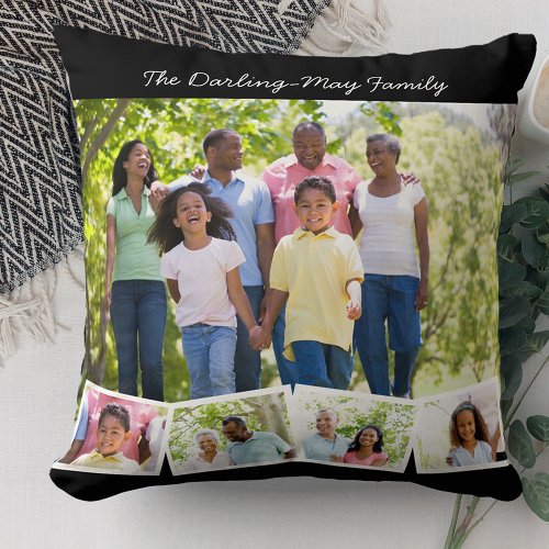 Photo Collage Family Name ZigZag Photo Strip Black Throw Pillow