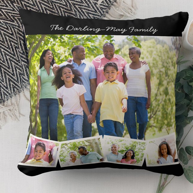 Photo Collage Family Name ZigZag Photo Strip Black Throw Pillow (Creator Uploaded)