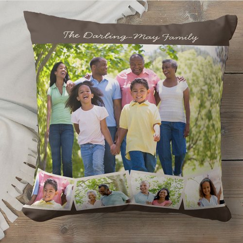Photo Collage Family Name ZigZag Photo Strip Brown Throw Pillow