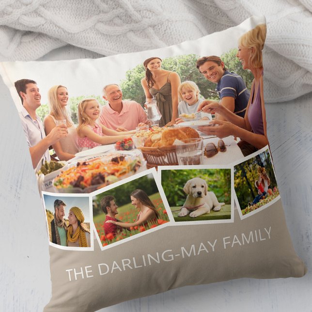 Photo Collage Family Name ZigZag Photo Strip Throw Pillow (Creator Uploaded)