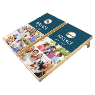 Photo Collage Family Personalized Blue Cornhole Set