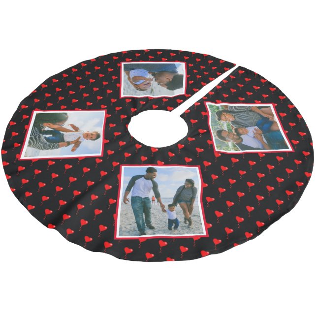 Photo Collage Family Personalized Christmas Hearts Brushed Polyester Tree Skirt (Angled)