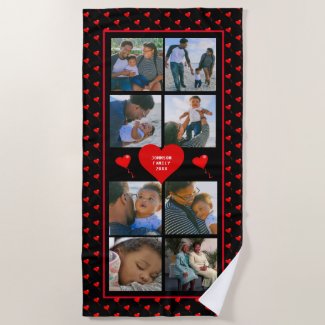Photo Collage Family Personalized Red Heart & Name Beach Towel