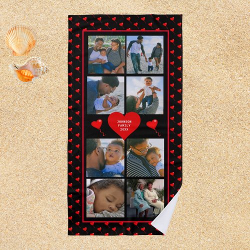 Photo Collage Family Personalized Red Heart  Name Beach Towel