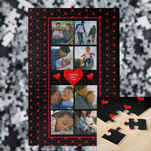 Photo Collage Family Personalized Red Heart  Name Jigsaw Puzzle