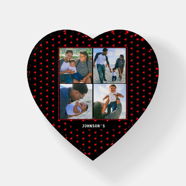 Photo Collage Family Personalized Red Heart & Name Paperweight (Front)