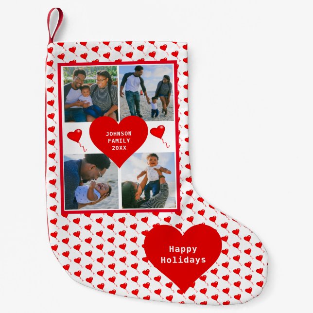 Photo Collage Family Personalized Red Hearts Small Christmas Stocking (Front)