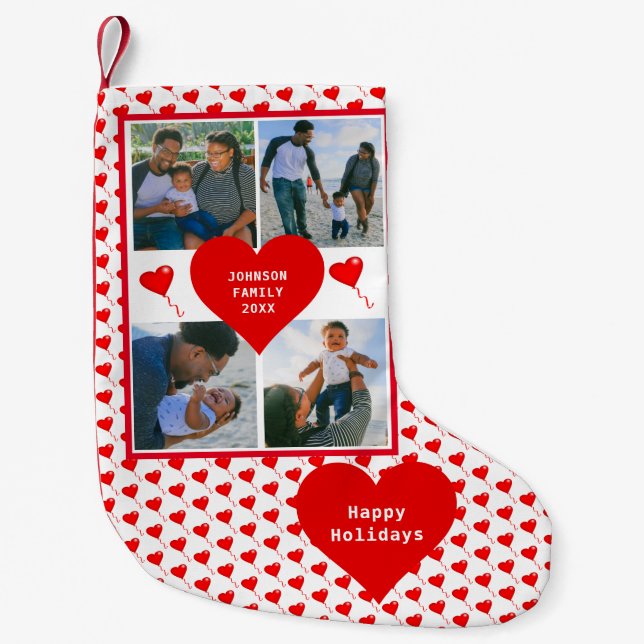 Photo Collage Family Personalized Red Hearts Small Christmas Stocking (Front)